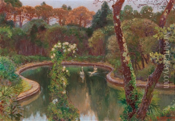 Swans In The Park At Miramare Castle Near Trieste Oil Painting - Karl Hofmann
