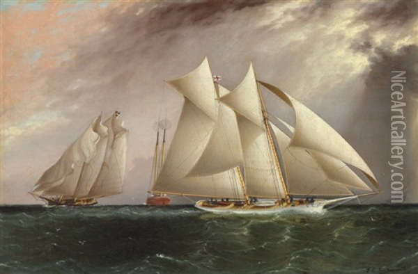 Columbia Leading Dauntless Around The Sandy Hook Lightship In The Hurricane Cup Race Oil Painting - James Edward Buttersworth