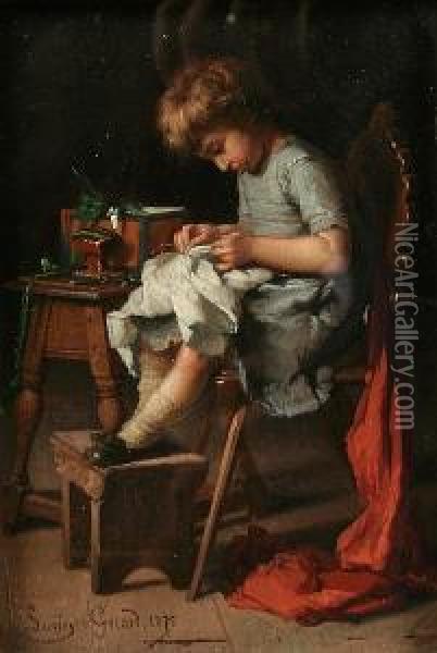 A Difficult Stitch Oil Painting - Lucien Gerard