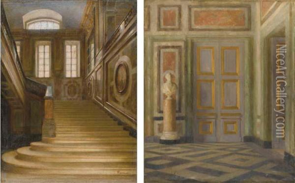 Escalier De Marbre A Versailles; Interieur D'un Palais Oil Painting - Guillaume Larrue