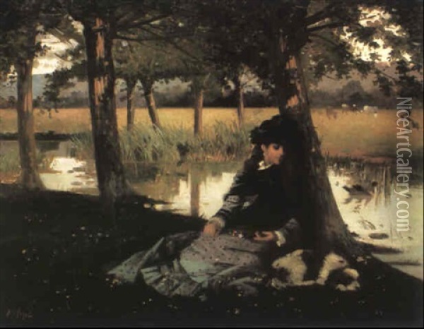 A Young Woman Resting By A Stream With A King Charles       Spaniel Oil Painting - Alexander M. Rossi