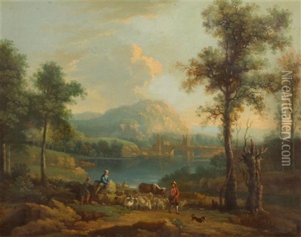 Sudlandische Landschaft Mit Hirten Oil Painting - Friedrich Wilhelm Hirt