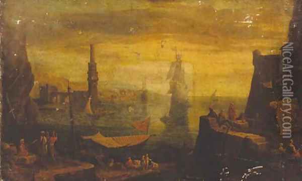 A Mediterrean harbour at sunset Oil Painting - Adriaen Manglard