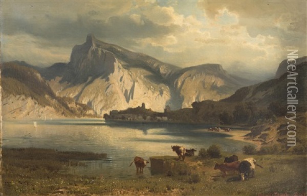 Landscape With A Lake Oil Painting - August Schaeffer