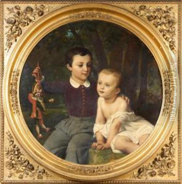 Portrait De Paul Et Leon Henry-lepaute Jouant Avec Unemarionnette Oil Painting - Francois Edouard Picot