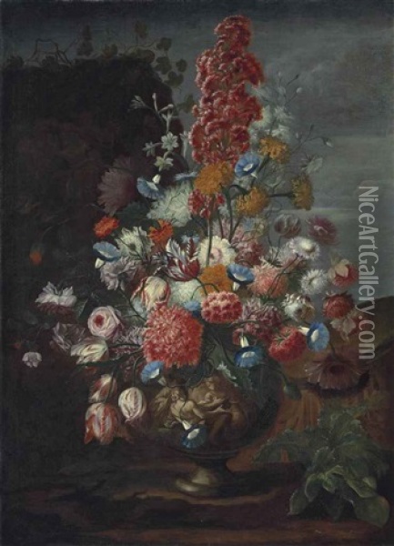 Carnations, Convolvulus, Tuberoses, Parrot Tulips, Roses And Other Flowers In A Sculpted Urn, In A Landscape Oil Painting - Karel van Vogelaer