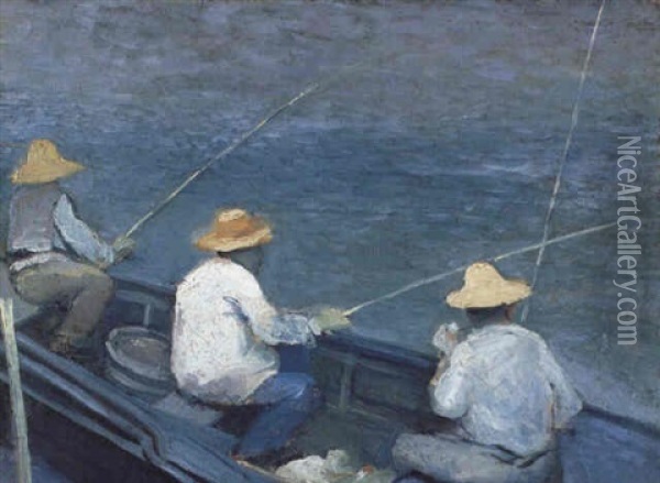 Trois Pecheurs En Barque Oil Painting - Gustave Caillebotte