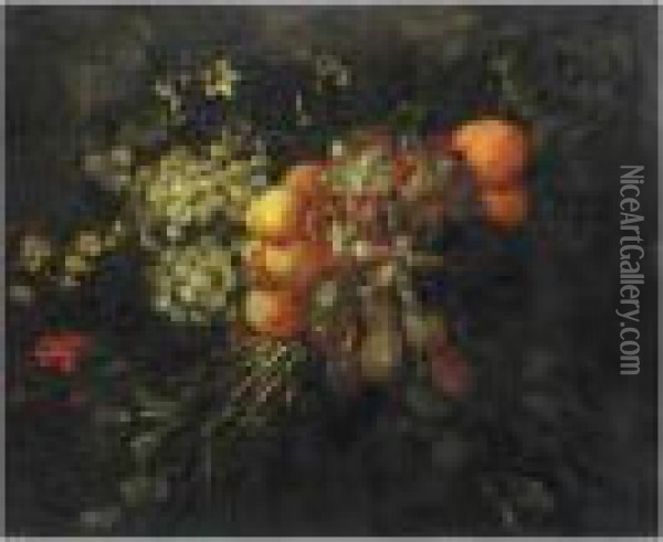 A Still Life Of Fruit And And Flowers Oil Painting - Jan Pauwel Gillemans The Elder
