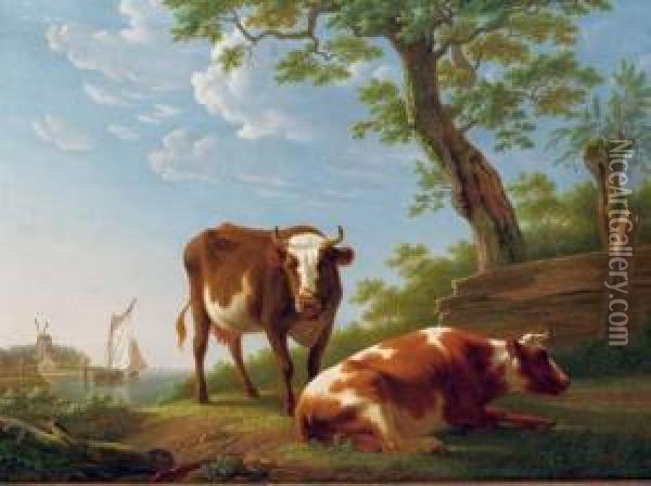Two Cows Under A Tree In A River Landscape Oil Painting - Pieter Gerardus Van Os