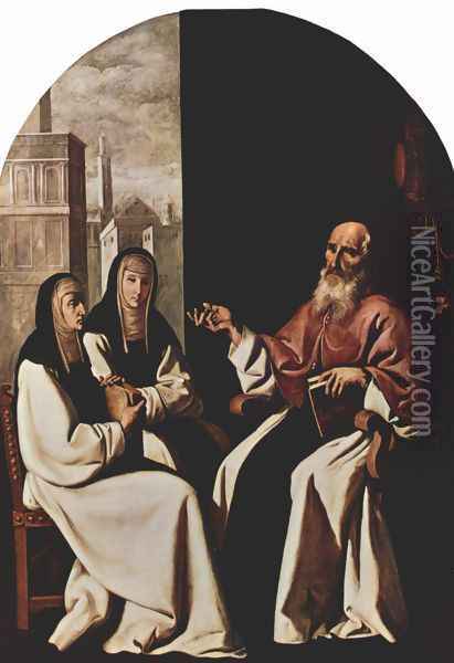 St. Jerome with the Holy Roman Paula and her daughter Oil Painting - Francisco De Zurbaran
