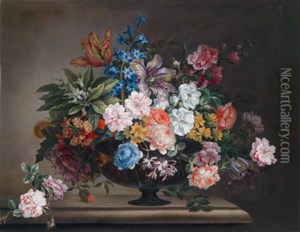 Ein Blumenstillleben In Einer Glasvase Auf Einem Steinsockel Oil Painting - Antoine Monnoyer