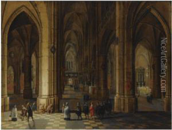 A Church Interior Of The 
Cathedral Of Antwerp With A Procession Inthe Foreground And Beggars 
Seated To The Left Oil Painting - Pieter Ii Neefs