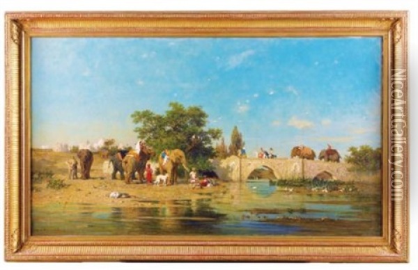 La Halte Des Elephants Pres De La Riviere Oil Painting - Charles Emile de Tournemine