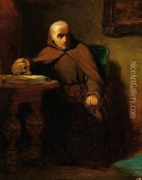 A Monk In His Cell Holding A Skull Oil Painting - Willem H. Schmidt