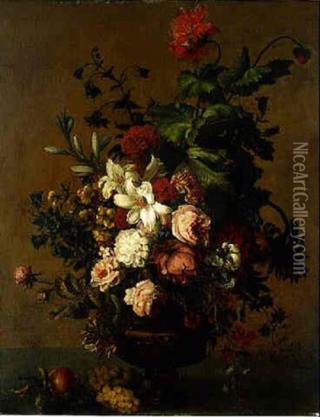 Roses, Lilies, Aquilegia, Nasturtiums, Poppies, A Sunflower And Other Flowers In A Vase, With Grapes And An Apple On A Stone Ledge Oil Painting - Jan Van Huysum
