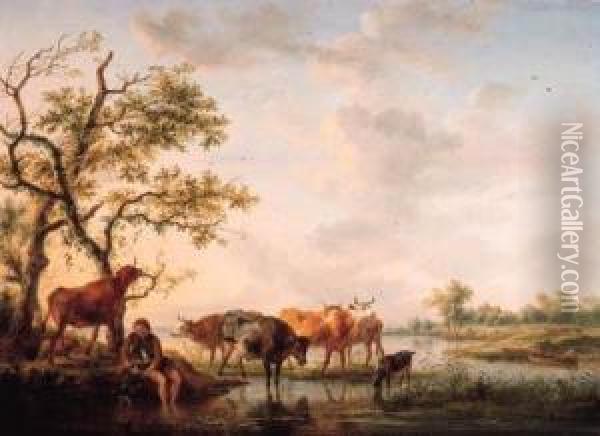 A Cowherd Watering Cattle At Sunset Oil Painting - Balthasar Paul Ommeganck