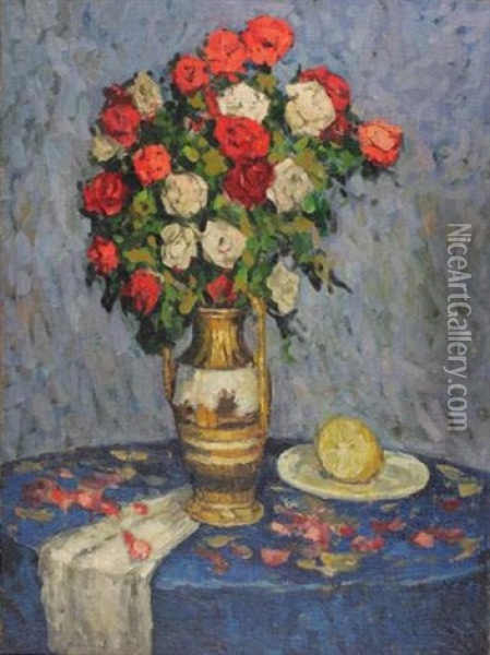 Nature Morte Au Bouquet De Fleurs Et Au Citron Oil Painting - Petr Ivanovich Petrovichev