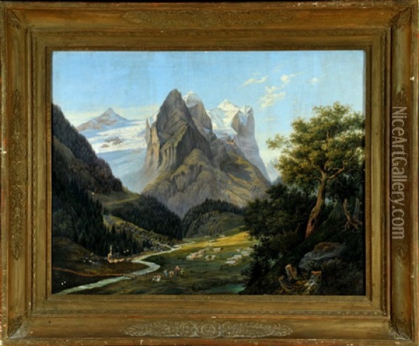 Ausflugler Am Wildbach Mit Almhutten Im Hochgebirge Oil Painting - Philipp Joseph Kraus