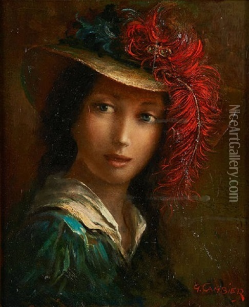 Portrait A La Plume Rouge Oil Painting - Louis Gustave Cambier