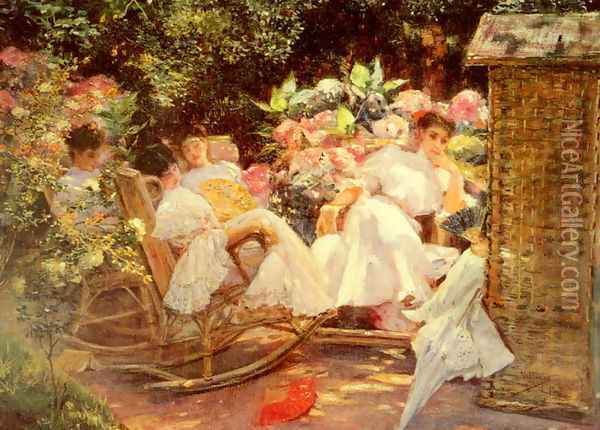 Ladies In A Garden Oil Painting - Jose Villegas y Cordero