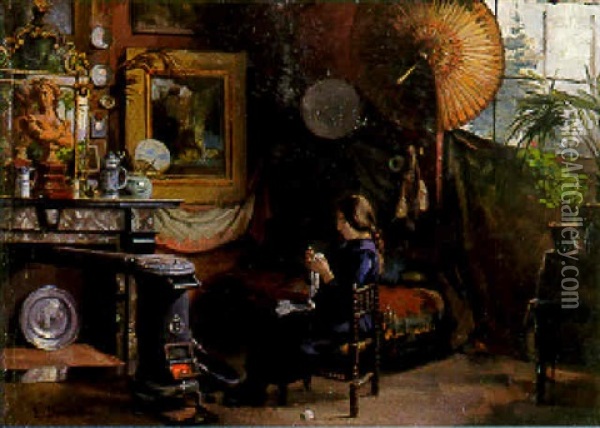 Jeune Femme Au Coin Du Poele Dans Son Interieur Oil Painting - Henri Lucien Doucet