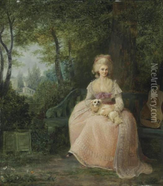 A Lady Seated With Her Pet Spaniel In A Park Oil Painting - Jean-Frederic Schall