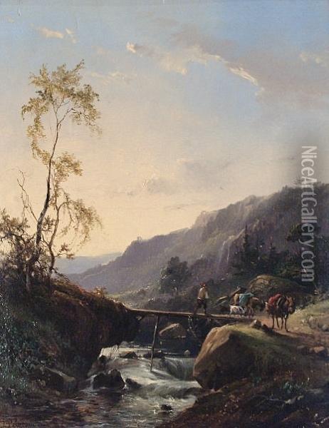 Travellers Crossing A Bridge In A Valley At Dawn Oil Painting - Jacobus Pelgrom