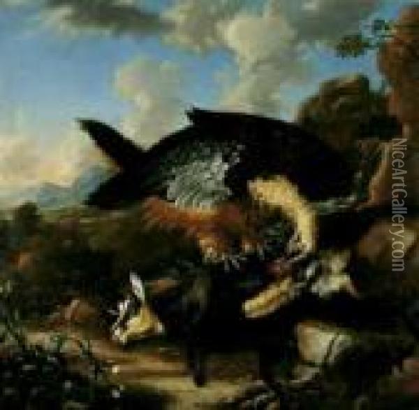 Gebirgslandschaft. Im Vordergrund Ein Adler Eine Gemse Reisend. Oil Painting - Abraham Jansz Begeyn