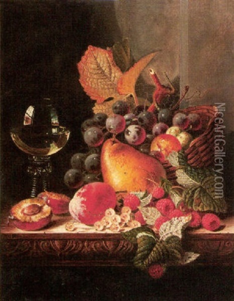 Still Life With A Glass, Plums, Grapes, Raspberries And A Pear Oil Painting - Edward Ladell