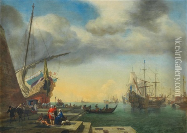 A Mediterranean Harbour Scene With Figures Gathered Oil Painting - Jan Baptist Weenix