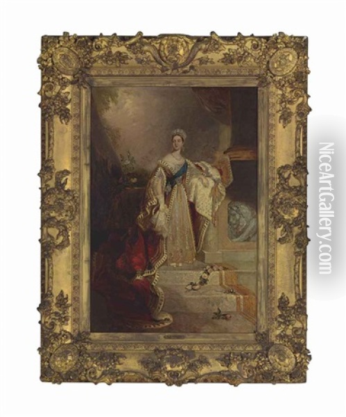 Portrait Of Queen Victoria, Standing Small Full-length, In Coronation Robes Beside A Balustrade Oil Painting - Alfred Edward Chalon