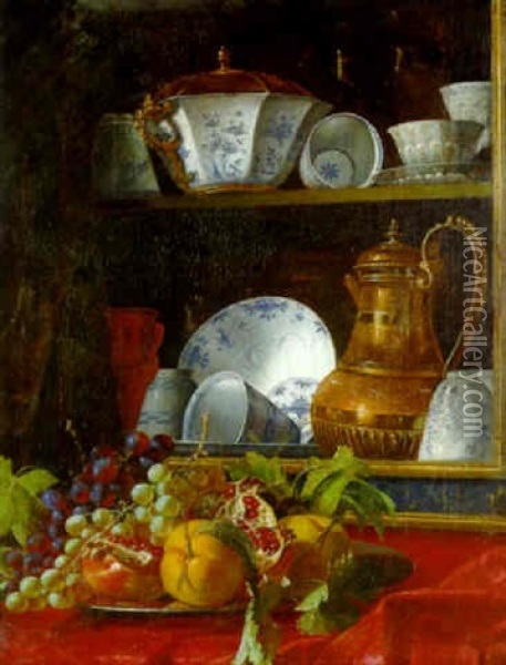 A Trompe-l'oeil Still Life Of Porcelain, With Fruit On A Silver Plate Oil Painting - Cristoforo Munari
