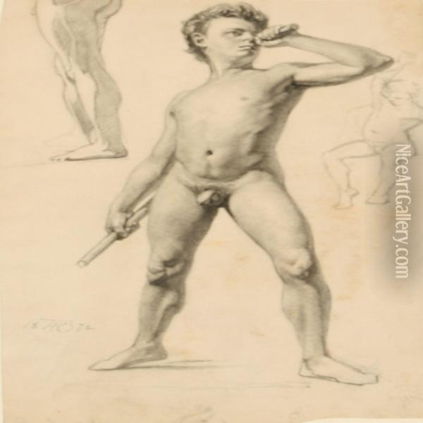 Three Academy Studies Of Naked Men On One Sheet Oil Painting - Hans Ole Brasen