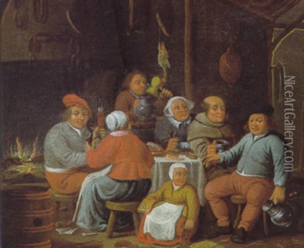 Die Fette Kuche: Ein Monch Und Bauern Beim Landlichen Mahl In Einem Wirsthaus Oil Painting - Jan Spanjaert