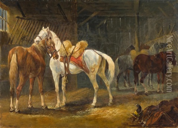 Dragonerpferde Im Stall Oil Painting - Johann Conrad Gessner