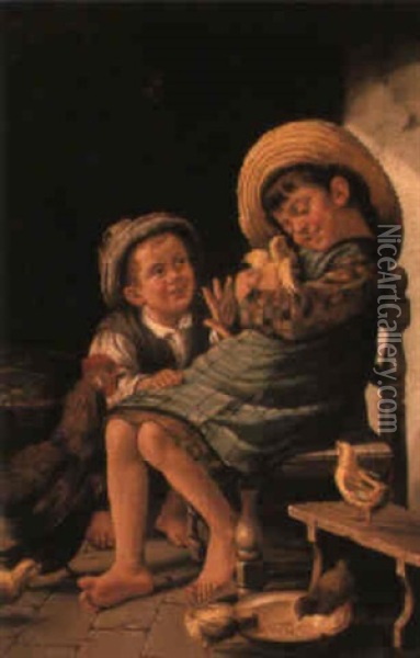 Playing With The Chicks Oil Painting - John (Giovanni) Califano