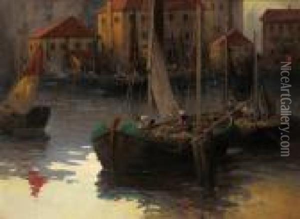 Quiet Evening In The Harbor Of Volosca Oil Painting - Adolf Kaufmann