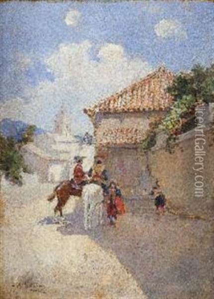 Paesaggio Con Figure; Paesaggio Con Cavaliere (pair) Oil Painting - Augustin Salinas y Teruel