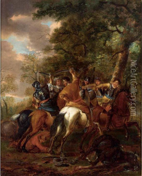 A Cavalry Battle Scene Between Turks And Christians Oil Painting - Abraham Van Calraet
