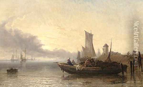 Dutch market boat - River Dort, early evening Oil Painting - Arthur Joseph Meadows