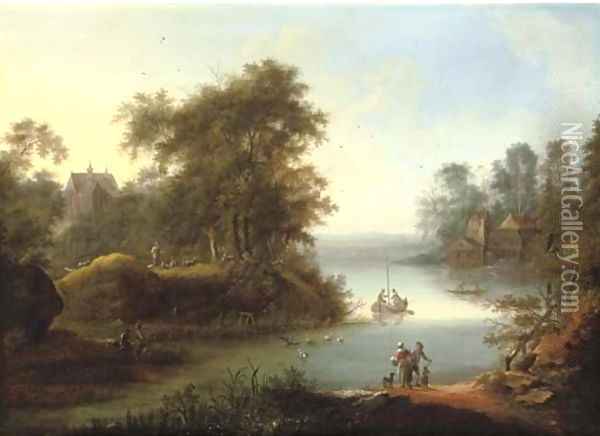 A wooded landscape with fishermen on the banks of a river, a church and watermill beyond Oil Painting - Johann Christian Vollerdt or Vollaert