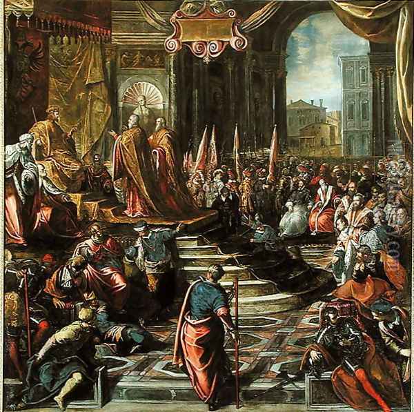 The Envoy of Pope Alexander III 1105-81 and Doge Sebastiano Ziani d.1178 with Emperor Frederick Barbarossa 1122-90 Oil Painting - Jacopo Tintoretto (Robusti)