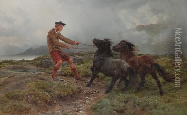 A Ghillie And Two Shetland Ponies In A Misty Landscape Oil Painting - Rosa Bonheur