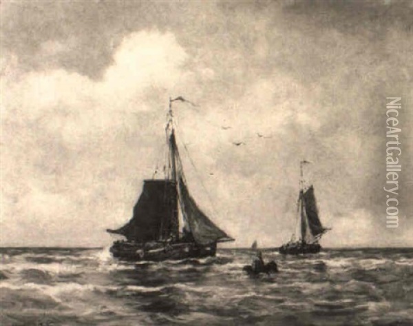 Fishing Boats Near The Shore Oil Painting - David Adolf Constant Artz