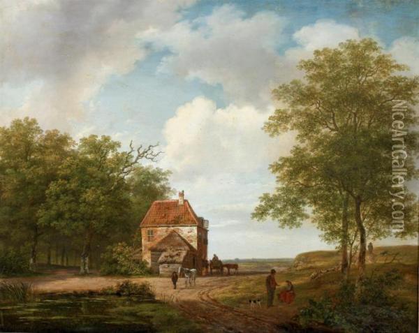 A Farmhouse In Summer With Several Figures Oil Painting - Andreas Schelfhout