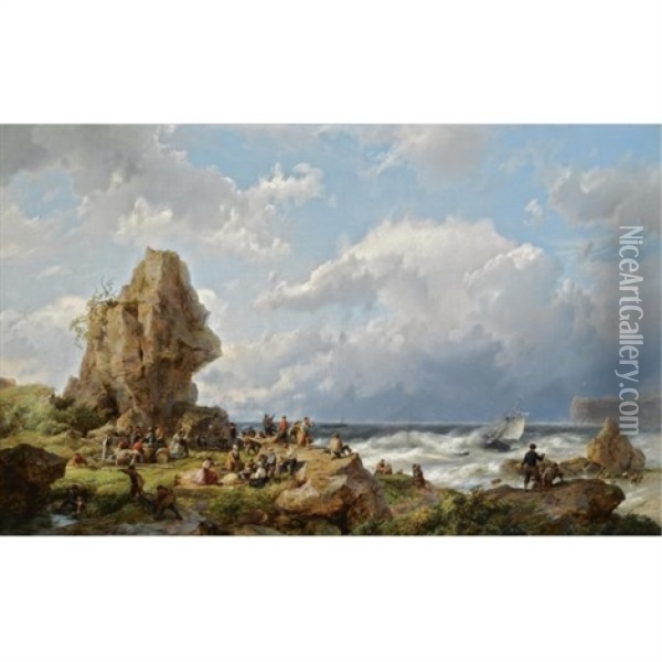 Many Shipwrecked Figures On A Rocky Coast Oil Painting - Hermanus Koekkoek the Elder