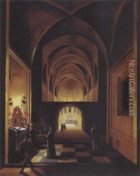 The Interior Of A Church By Night, With Elegant Company And Priests At A Decorated Altar In A Side Chapel Oil Painting - Peeter Neeffs the Younger