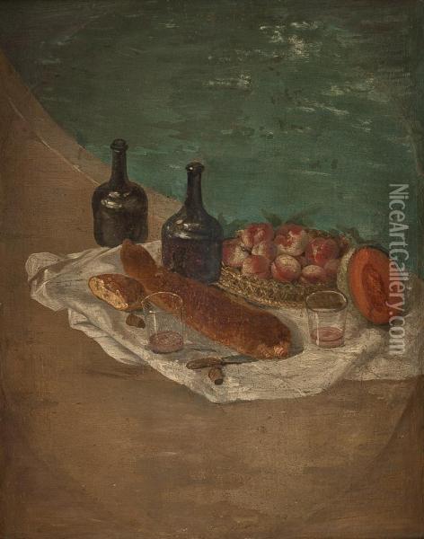 Stillleben Mit Obst, Baguette, Weinflaschen Und Glasern Oil Painting - Jean-Baptiste-Simeon Chardin