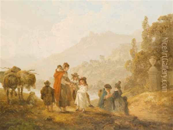 A Family With A Mule In An Italianate Landscape (+ Another, 2 Works) Oil Painting - Julius Caesar Ibbetson