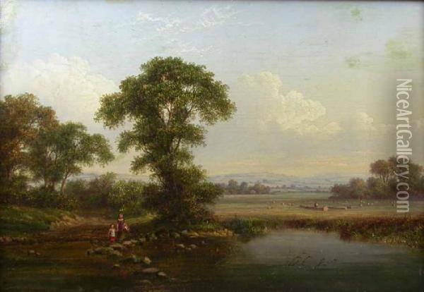 Landscape With Children On Stepping Stones To The Foreground Oil Painting - Walter Williams